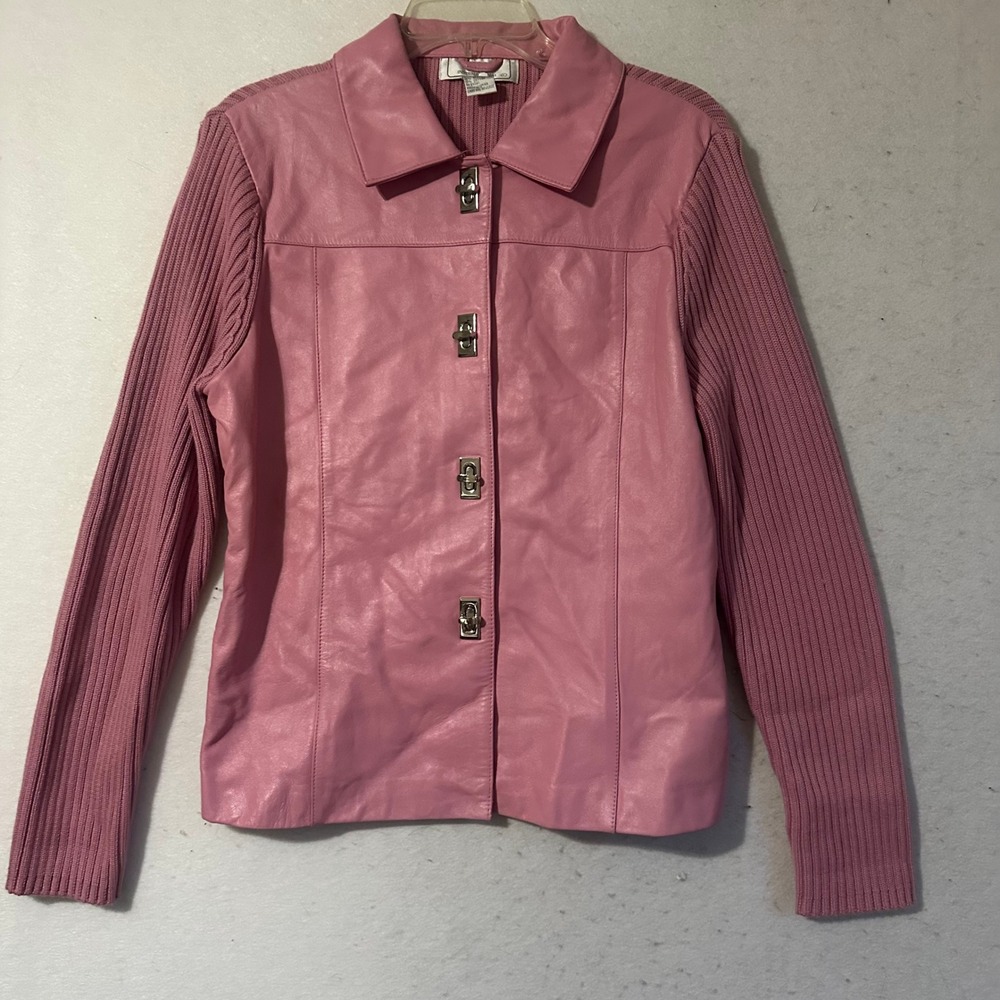 Lisa International Pink Lambskin Leather Ribbed Knit Turn Lock Jacket Womens M